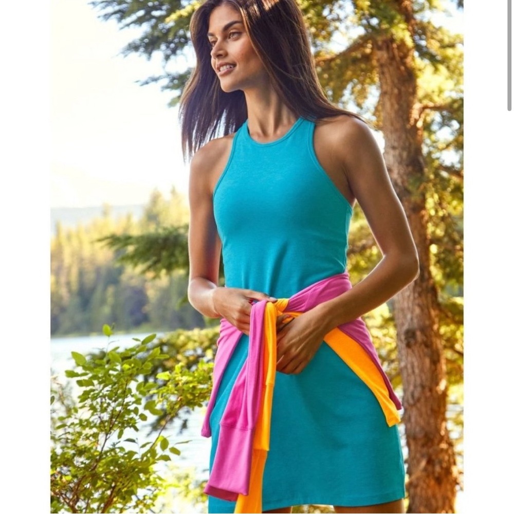 Beyond Yoga Teal Dress with Pink and Orange Accents